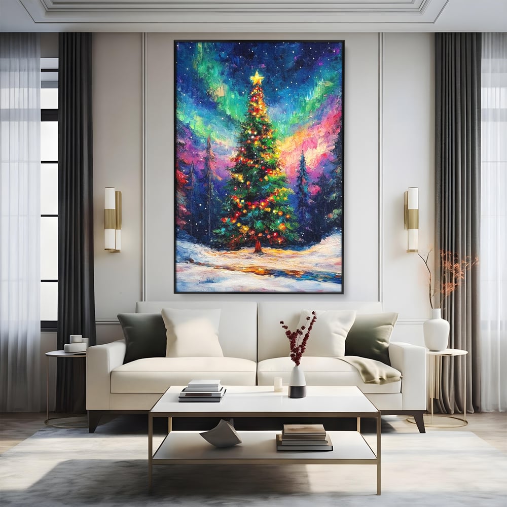 Tablou Canvas Premium LuxCanva® D1052, Aurora Boreala si Magia Bradului , Aurora, Craciun, Luminite, Padure, Instalatie, Living, Culori vibrante
