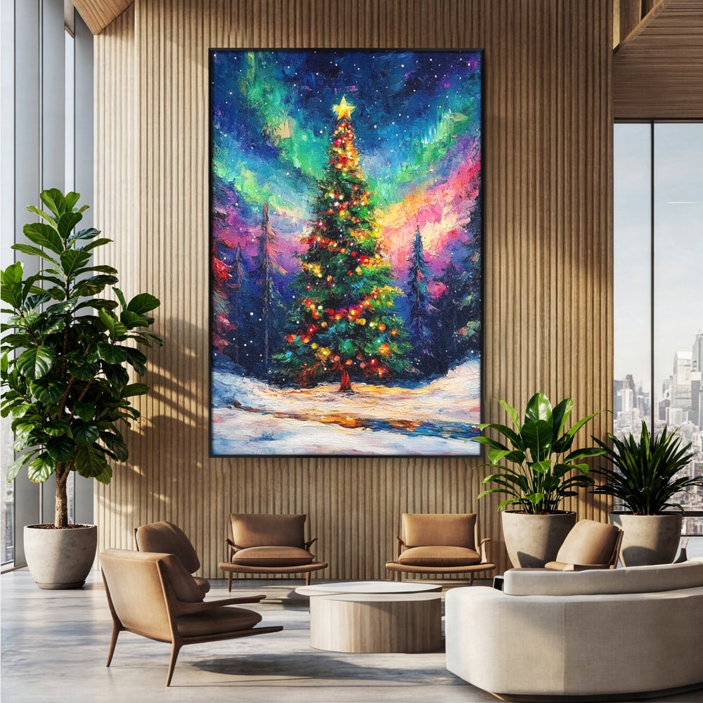 Tablou Canvas Premium LuxCanva® D1052, Aurora Boreala si Magia Bradului , Aurora, Craciun, Luminite, Padure, Instalatie, Living, Culori vibrante