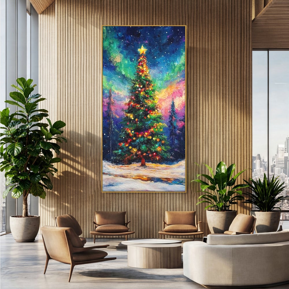 Tablou Canvas Premium LuxCanva® D1052, Aurora Boreala si Magia Bradului , Aurora, Craciun, Luminite, Padure, Instalatie, Living, Culori vibrante