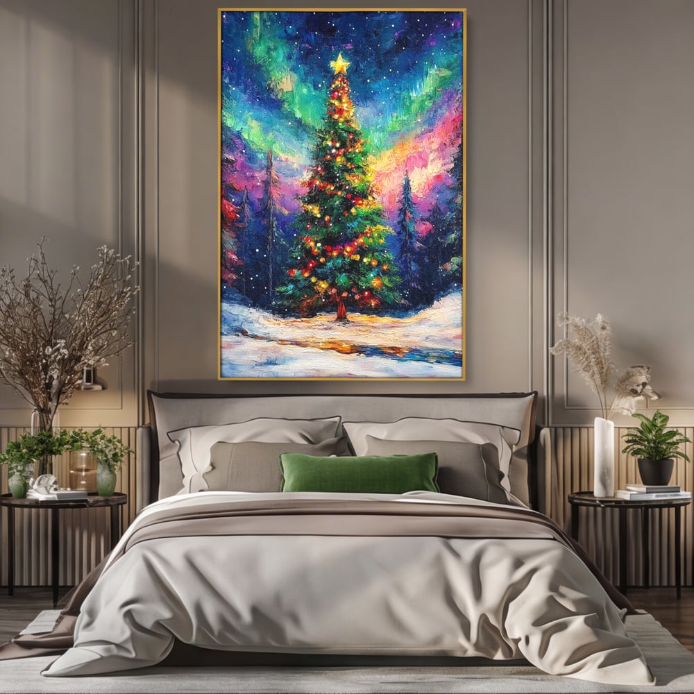 Tablou Canvas Premium LuxCanva® D1052, Aurora Boreala si Magia Bradului , Aurora, Craciun, Luminite, Padure, Instalatie, Living, Culori vibrante