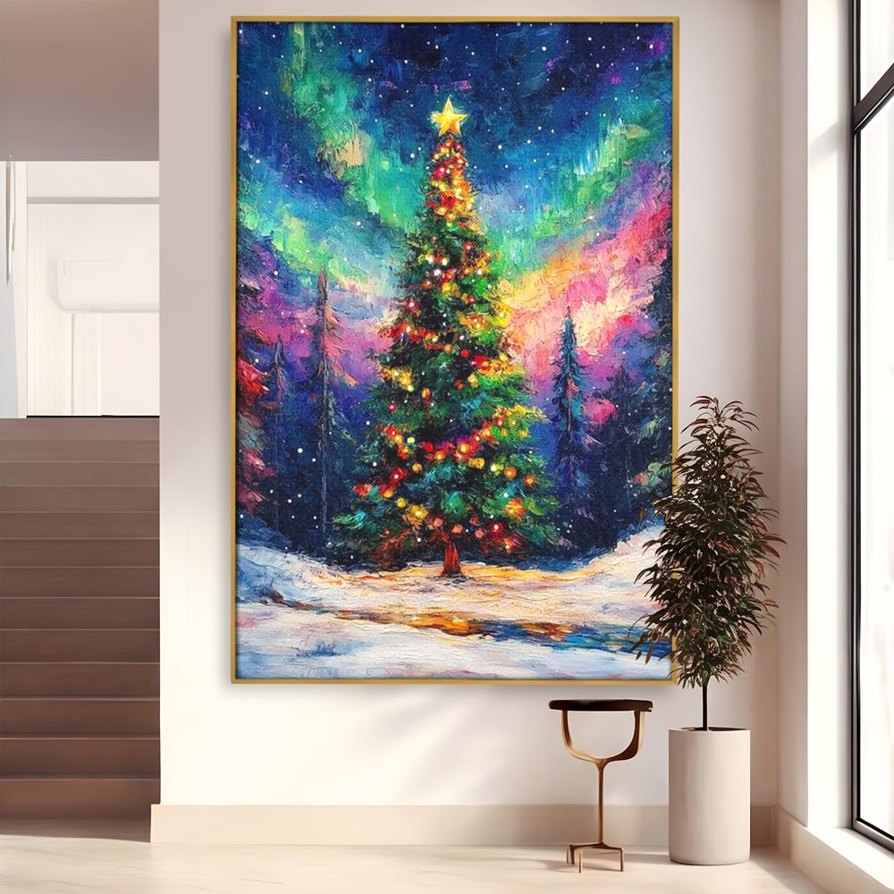 Tablou Canvas Premium LuxCanva® D1052, Aurora Boreala si Magia Bradului , Aurora, Craciun, Luminite, Padure, Instalatie, Living, Culori vibrante