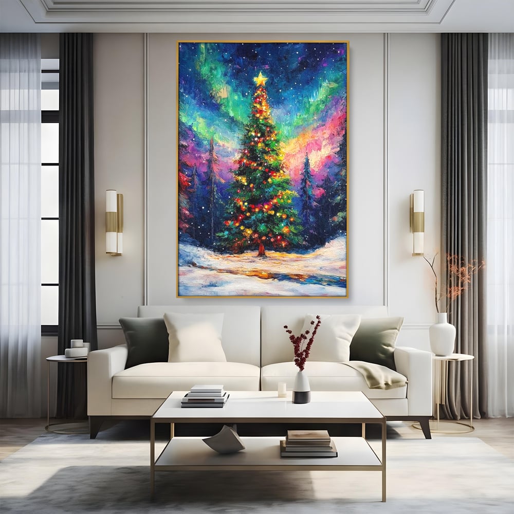 Tablou Canvas Premium LuxCanva® D1052, Aurora Boreala si Magia Bradului , Aurora, Craciun, Luminite, Padure, Instalatie, Living, Culori vibrante