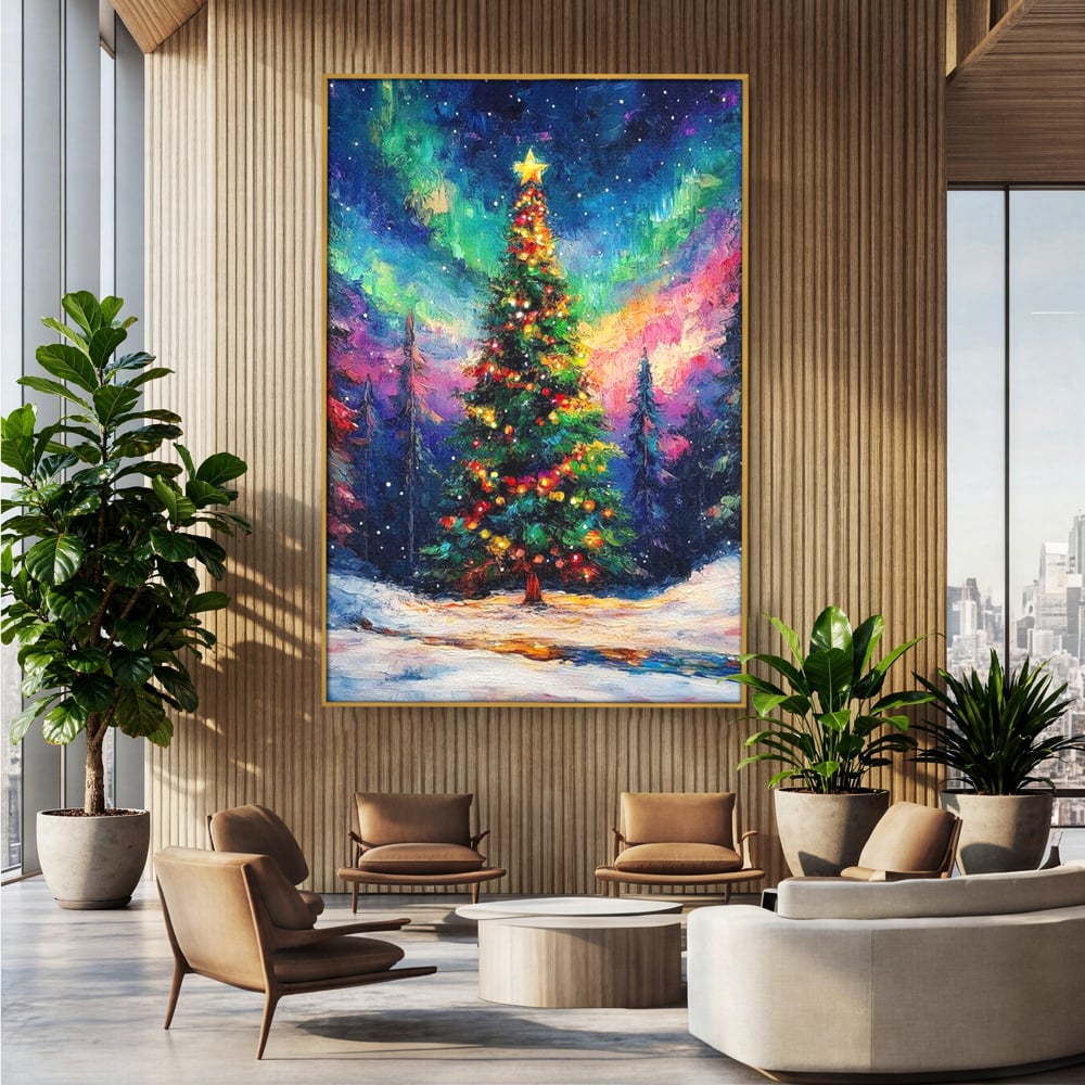Tablou Canvas Premium LuxCanva® D1052, Aurora Boreala si Magia Bradului , Aurora, Craciun, Luminite, Padure, Instalatie, Living, Culori vibrante
