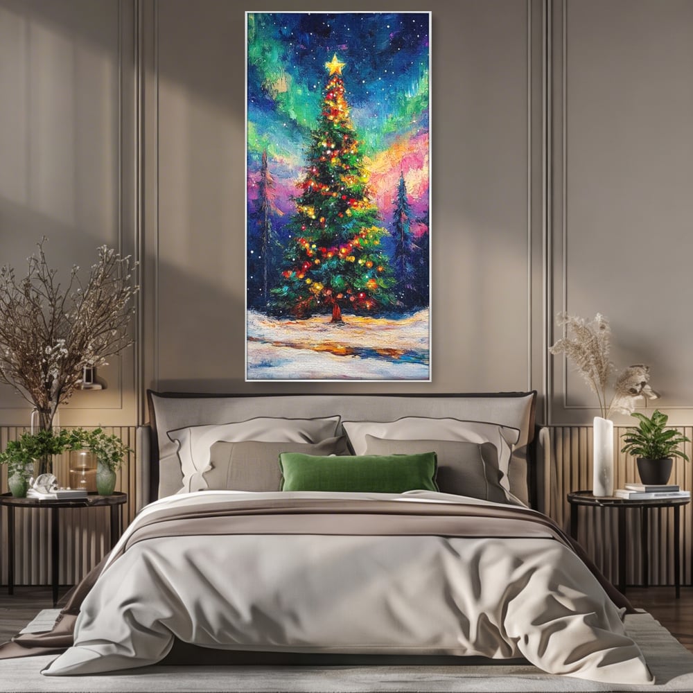 Tablou Canvas Premium LuxCanva® D1052, Aurora Boreala si Magia Bradului , Aurora, Craciun, Luminite, Padure, Instalatie, Living, Culori vibrante