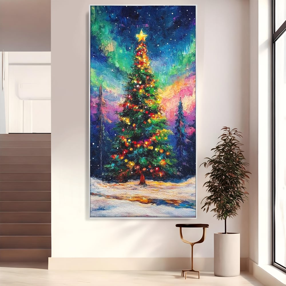 Tablou Canvas Premium LuxCanva® D1052, Aurora Boreala si Magia Bradului , Aurora, Craciun, Luminite, Padure, Instalatie, Living, Culori vibrante