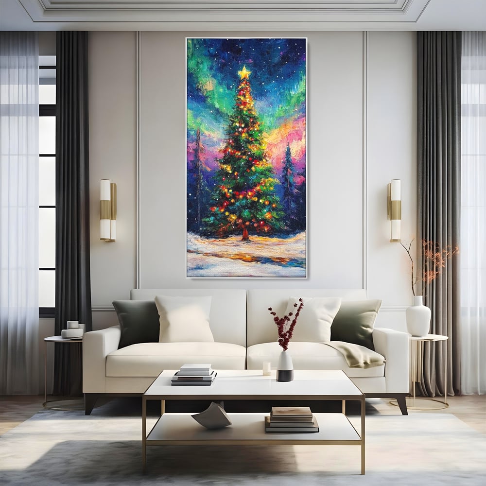 Tablou Canvas Premium LuxCanva® D1052, Aurora Boreala si Magia Bradului , Aurora, Craciun, Luminite, Padure, Instalatie, Living, Culori vibrante