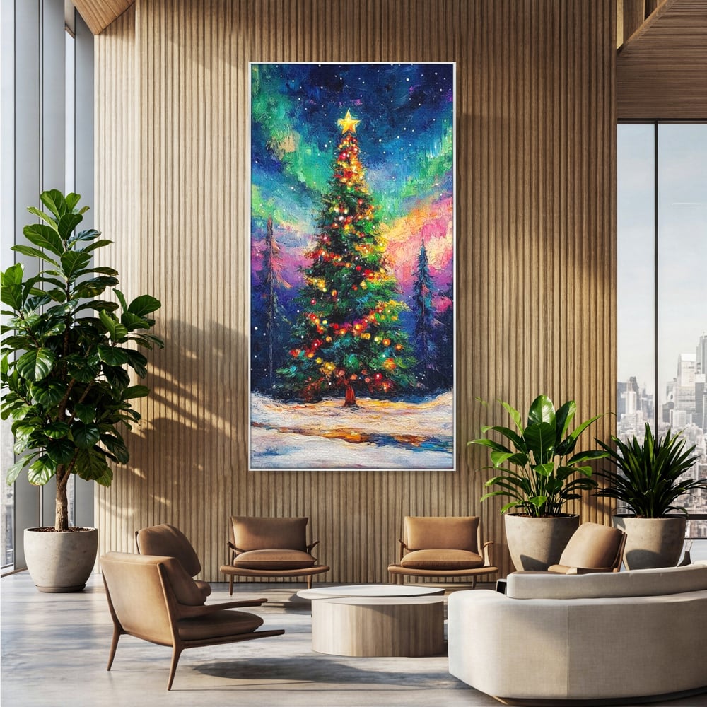 Tablou Canvas Premium LuxCanva® D1052, Aurora Boreala si Magia Bradului , Aurora, Craciun, Luminite, Padure, Instalatie, Living, Culori vibrante