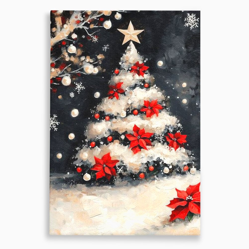 Tablou Canvas Premium LuxCanva® D1056, Bradul din Noaptea Magica , Craciun, Luminite, Brad, Instalatie, Alb, Poinsettia, Living, Culori vibrante