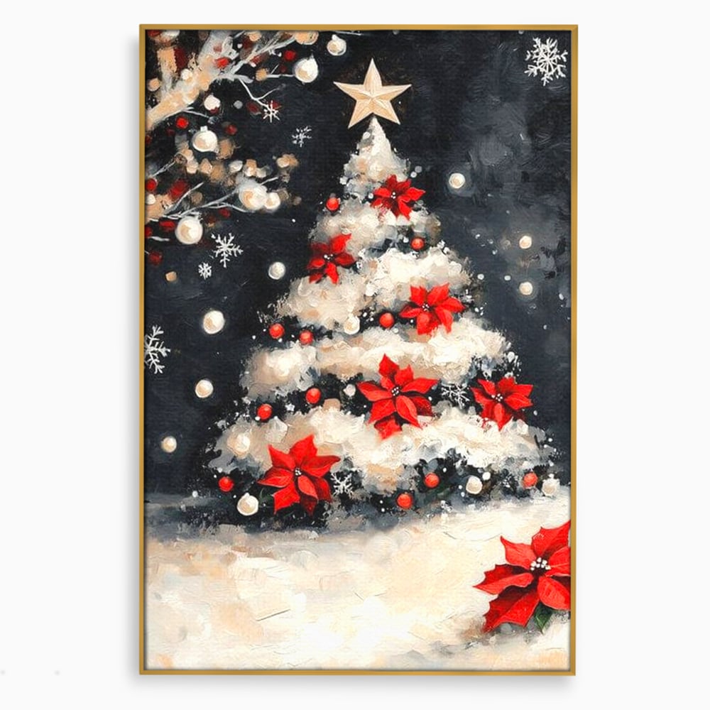 Tablou Canvas Premium LuxCanva® D1056, Bradul din Noaptea Magica , Craciun, Luminite, Brad, Instalatie, Alb, Poinsettia, Living, Culori vibrante