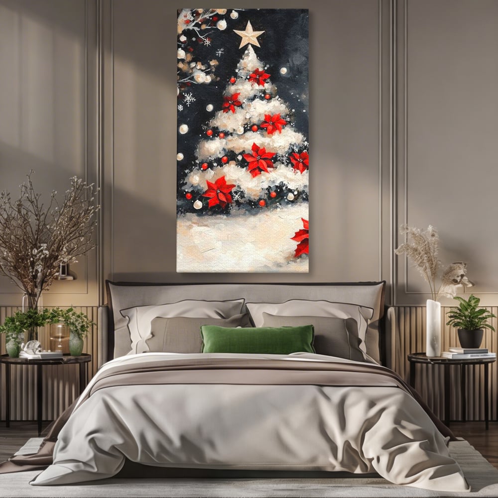 Tablou Canvas Premium LuxCanva® D1056, Bradul din Noaptea Magica , Craciun, Luminite, Brad, Instalatie, Alb, Poinsettia, Living, Culori vibrante