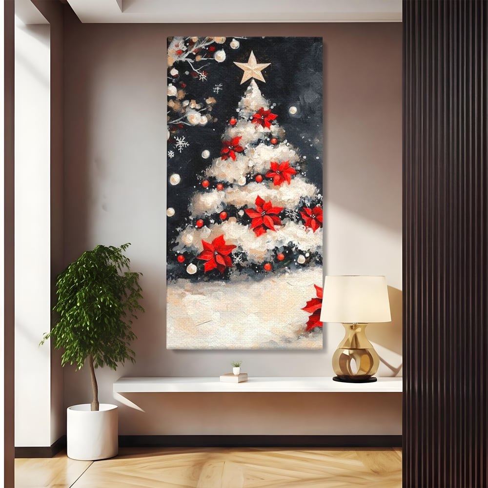Tablou Canvas Premium LuxCanva® D1056, Bradul din Noaptea Magica , Craciun, Luminite, Brad, Instalatie, Alb, Poinsettia, Living, Culori vibrante