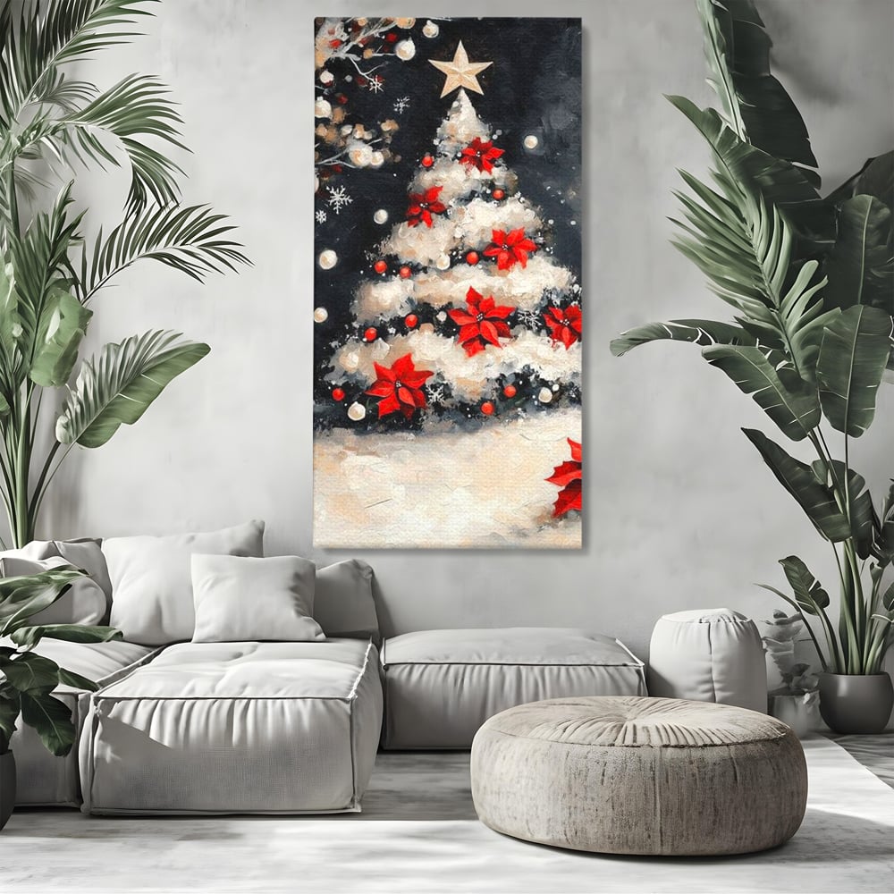 Tablou Canvas Premium LuxCanva® D1056, Bradul din Noaptea Magica , Craciun, Luminite, Brad, Instalatie, Alb, Poinsettia, Living, Culori vibrante