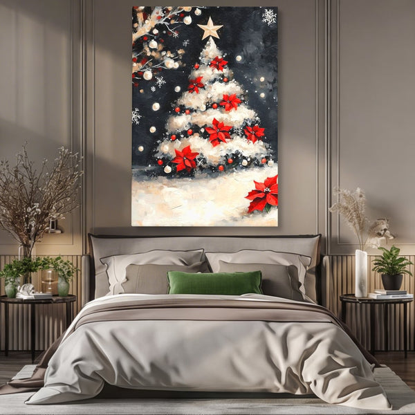 Tablou Canvas Premium LuxCanva® D1056, Bradul din Noaptea Magica , Craciun, Luminite, Brad, Instalatie, Alb, Poinsettia, Living, Culori vibrante