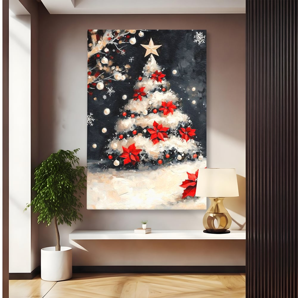 Tablou Canvas Premium LuxCanva® D1056, Bradul din Noaptea Magica , Craciun, Luminite, Brad, Instalatie, Alb, Poinsettia, Living, Culori vibrante
