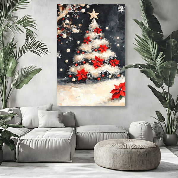 Tablou Canvas Premium LuxCanva® D1056, Bradul din Noaptea Magica , Craciun, Luminite, Brad, Instalatie, Alb, Poinsettia, Living, Culori vibrante