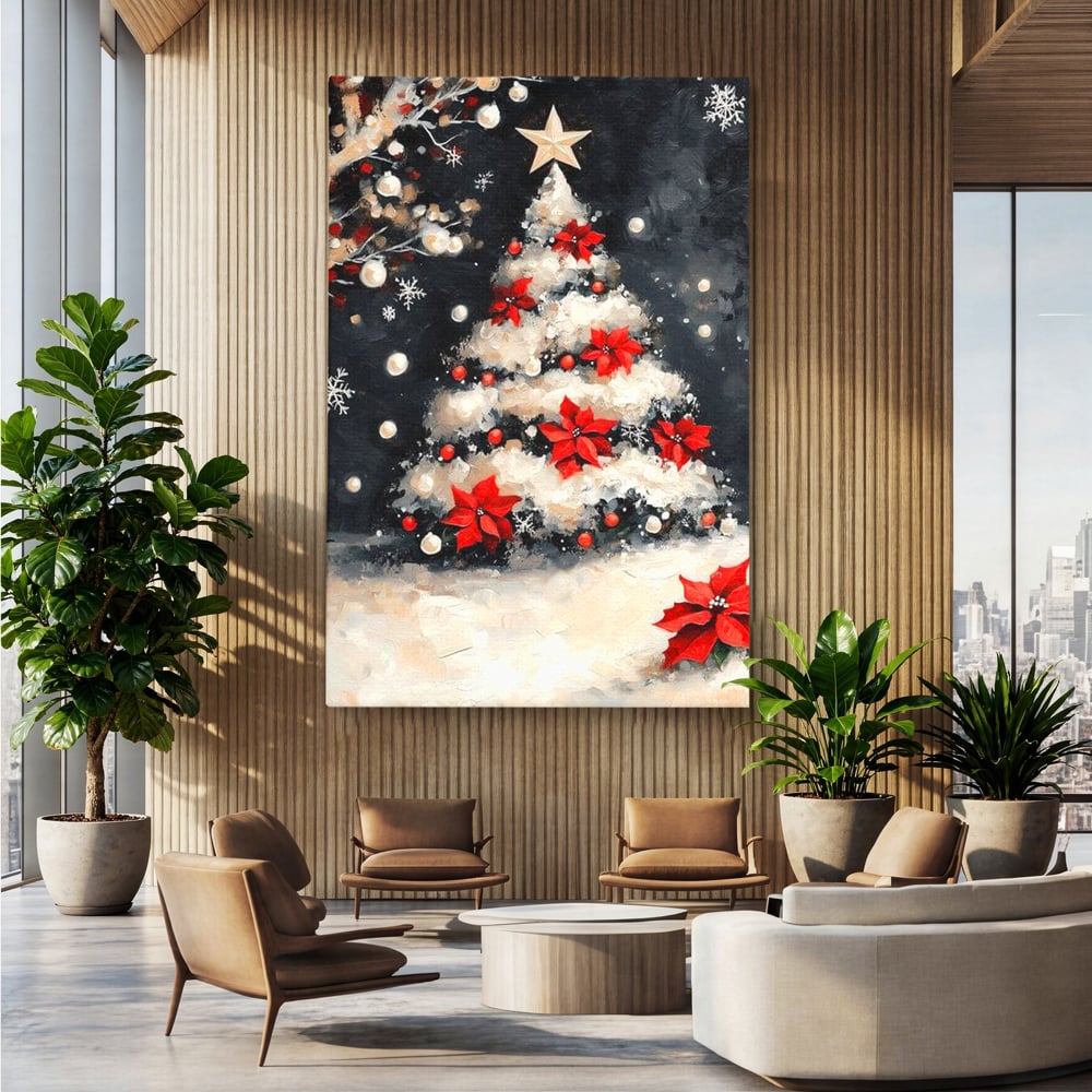 Tablou Canvas Premium LuxCanva® D1056, Bradul din Noaptea Magica , Craciun, Luminite, Brad, Instalatie, Alb, Poinsettia, Living, Culori vibrante