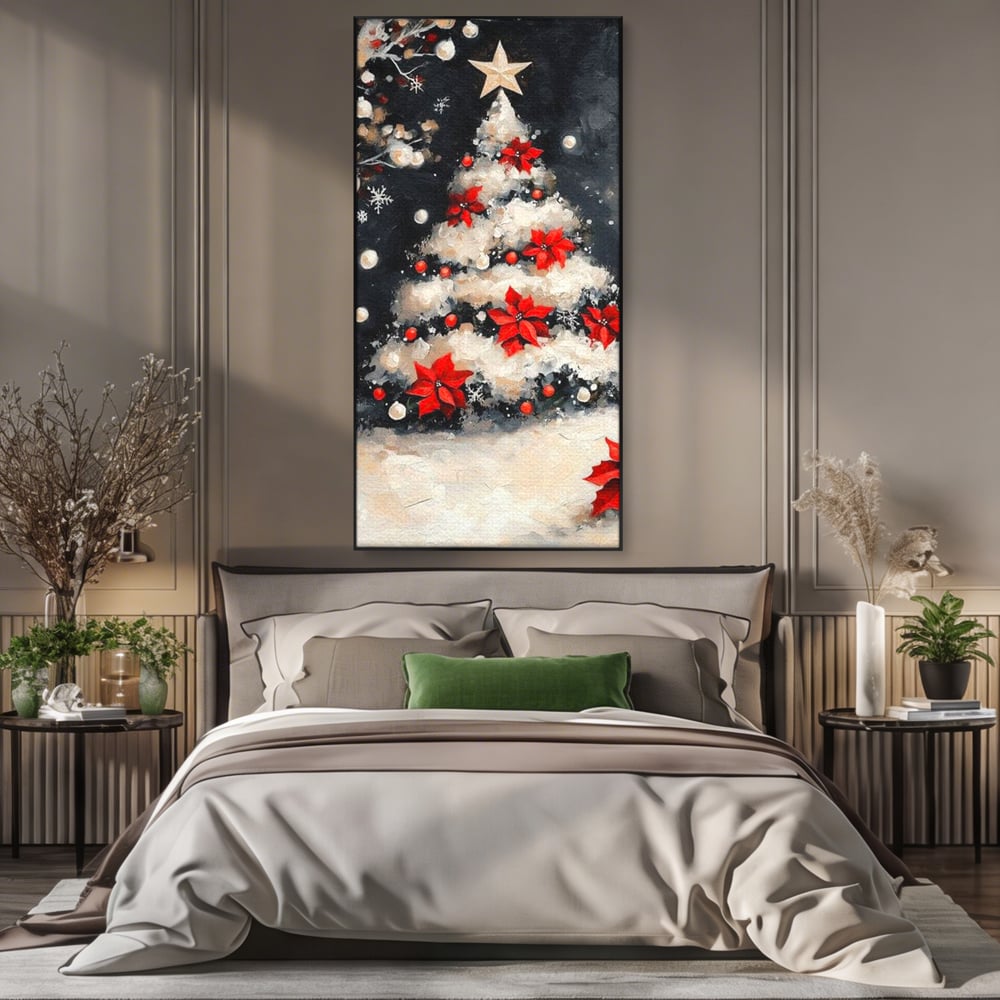 Tablou Canvas Premium LuxCanva® D1056, Bradul din Noaptea Magica , Craciun, Luminite, Brad, Instalatie, Alb, Poinsettia, Living, Culori vibrante