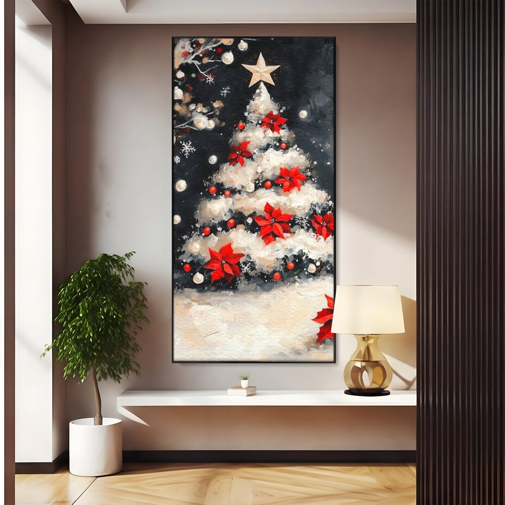 Tablou Canvas Premium LuxCanva® D1056, Bradul din Noaptea Magica , Craciun, Luminite, Brad, Instalatie, Alb, Poinsettia, Living, Culori vibrante