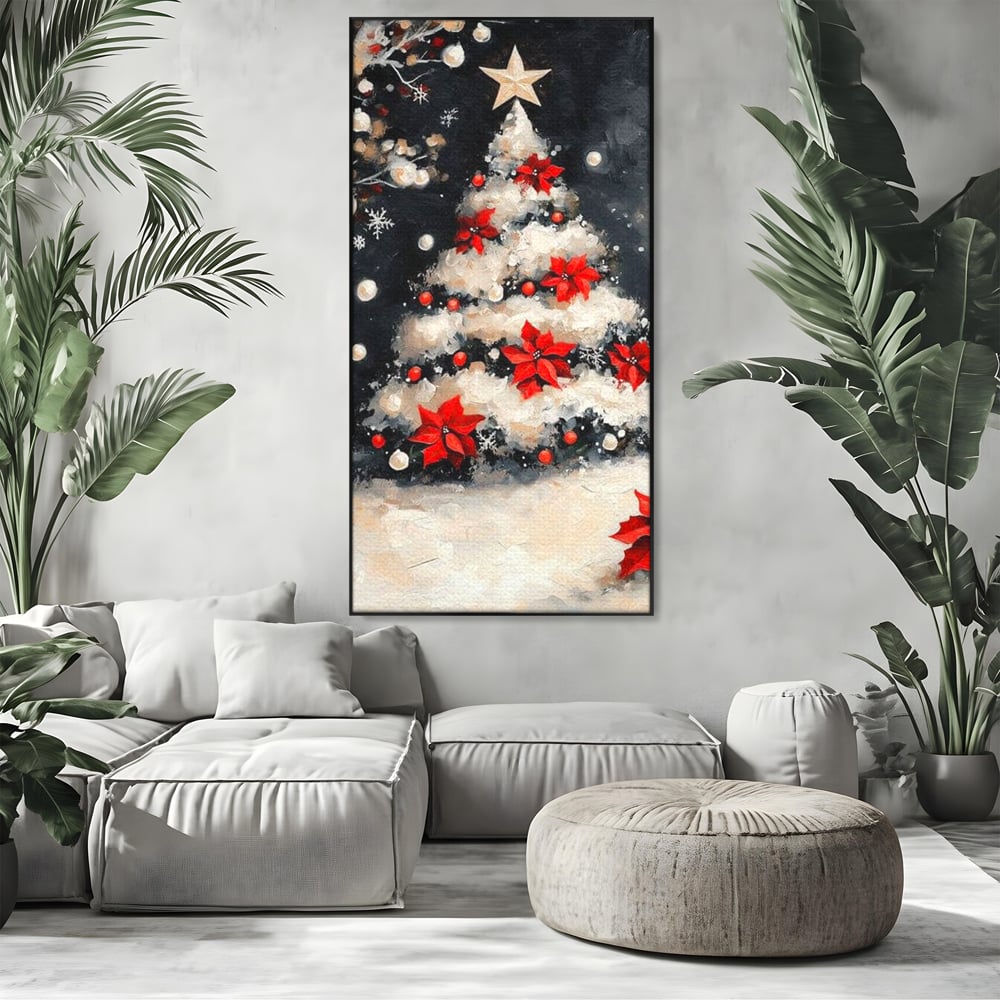 Tablou Canvas Premium LuxCanva® D1056, Bradul din Noaptea Magica , Craciun, Luminite, Brad, Instalatie, Alb, Poinsettia, Living, Culori vibrante