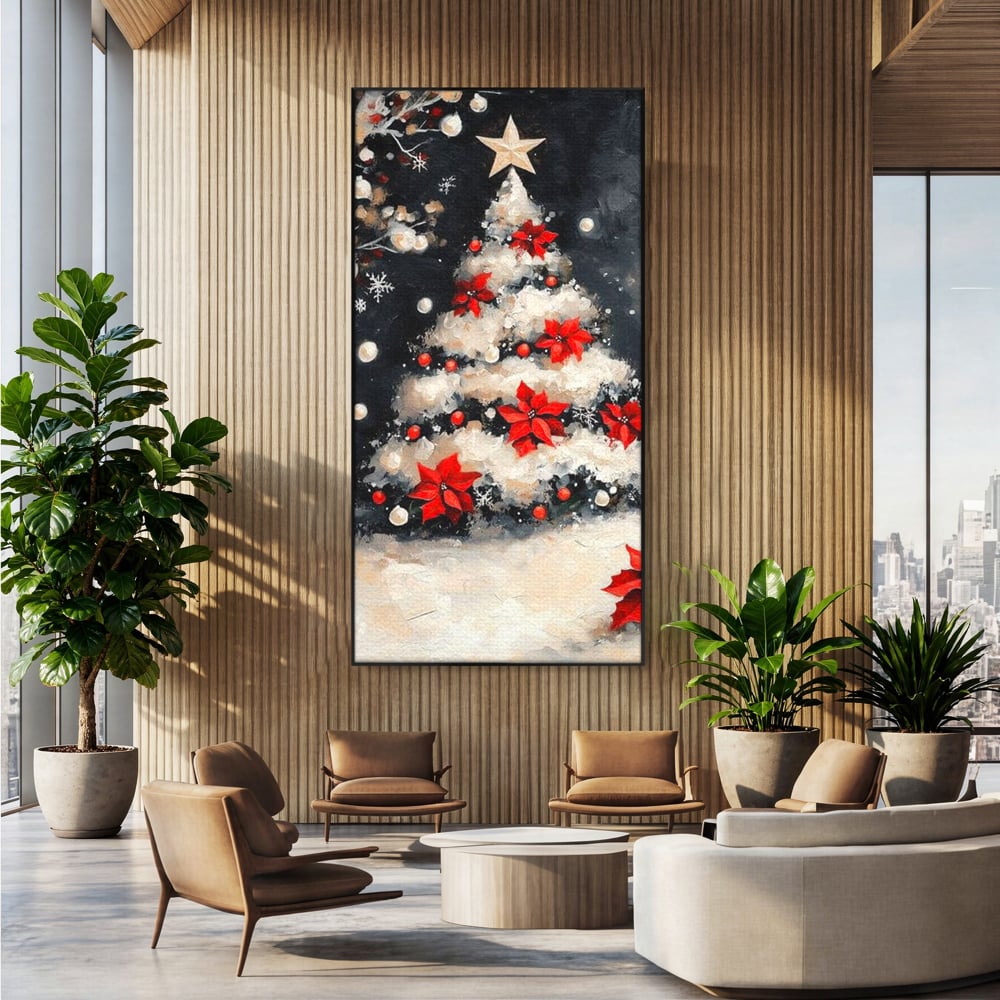 Tablou Canvas Premium LuxCanva® D1056, Bradul din Noaptea Magica , Craciun, Luminite, Brad, Instalatie, Alb, Poinsettia, Living, Culori vibrante