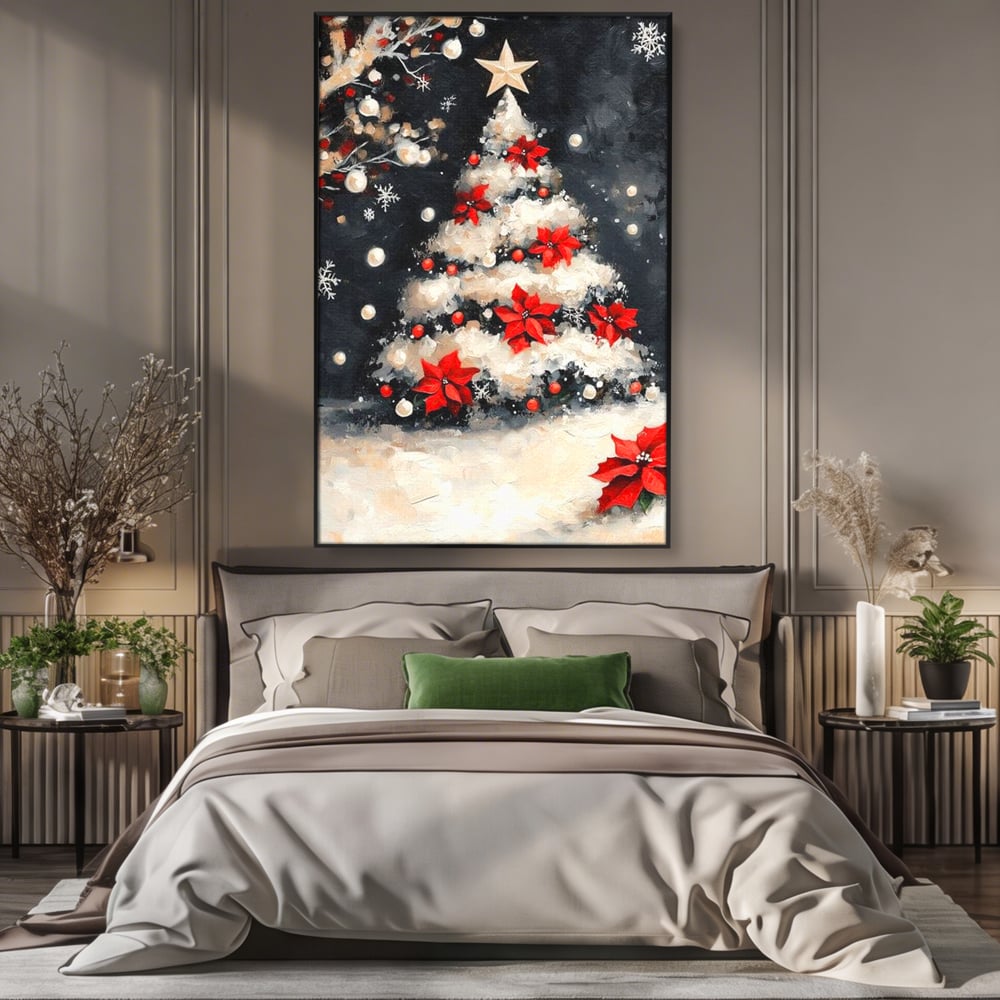 Tablou Canvas Premium LuxCanva® D1056, Bradul din Noaptea Magica , Craciun, Luminite, Brad, Instalatie, Alb, Poinsettia, Living, Culori vibrante