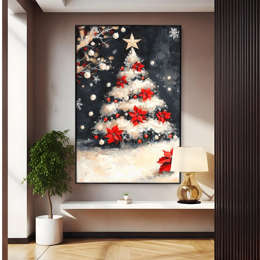 Tablou Canvas Premium LuxCanva® D1056, Bradul din Noaptea Magica , Craciun, Luminite, Brad, Instalatie, Alb, Poinsettia, Living, Culori vibrante