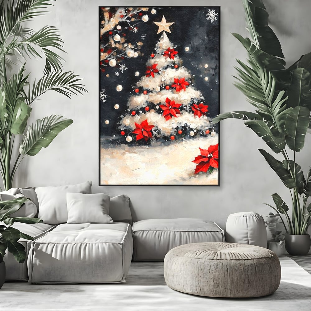 Tablou Canvas Premium LuxCanva® D1056, Bradul din Noaptea Magica , Craciun, Luminite, Brad, Instalatie, Alb, Poinsettia, Living, Culori vibrante