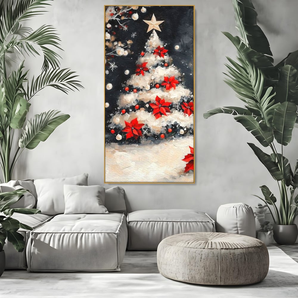 Tablou Canvas Premium LuxCanva® D1056, Bradul din Noaptea Magica , Craciun, Luminite, Brad, Instalatie, Alb, Poinsettia, Living, Culori vibrante