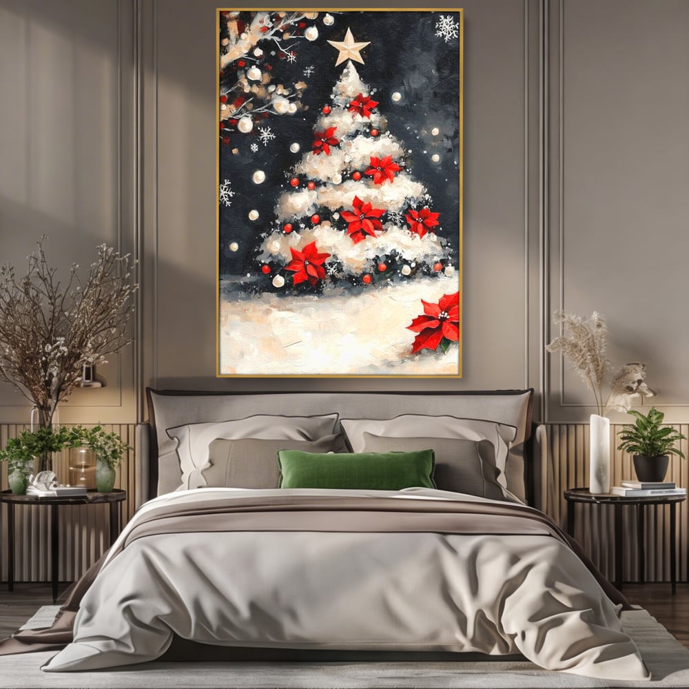 Tablou Canvas Premium LuxCanva® D1056, Bradul din Noaptea Magica , Craciun, Luminite, Brad, Instalatie, Alb, Poinsettia, Living, Culori vibrante