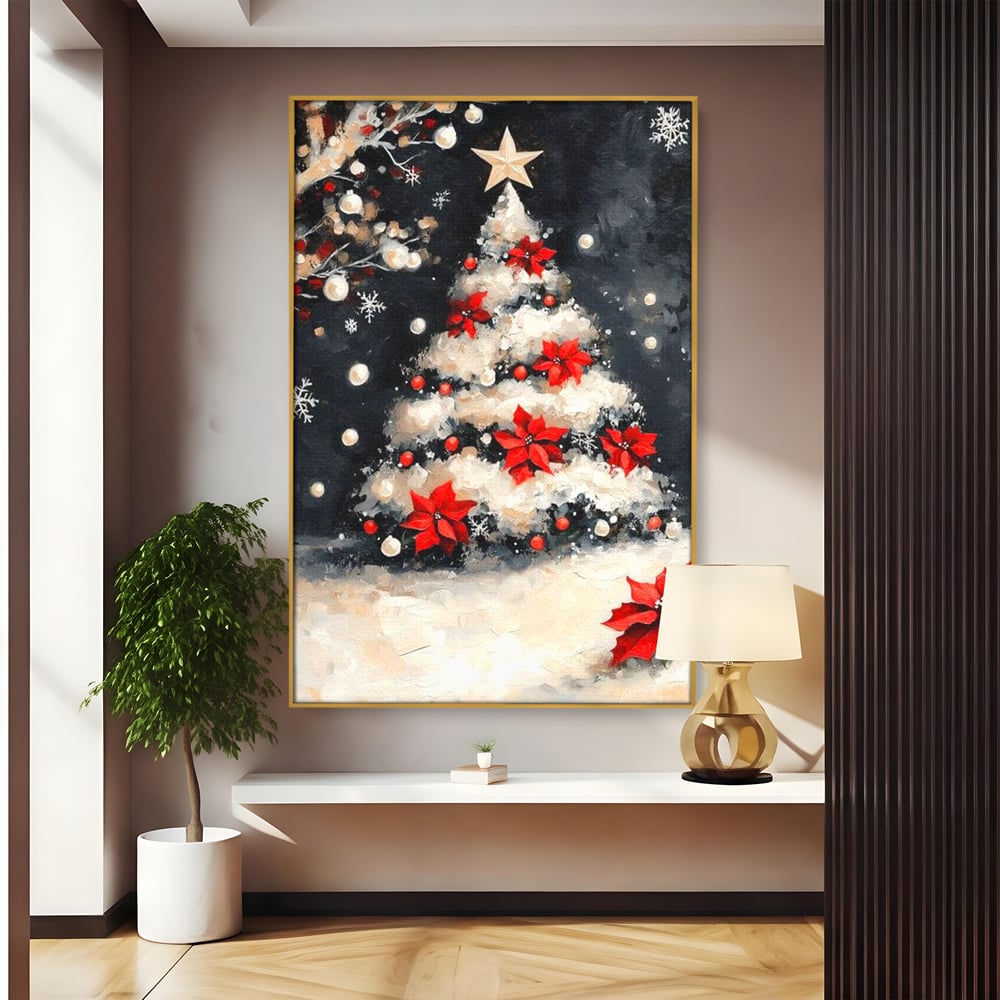 Tablou Canvas Premium LuxCanva® D1056, Bradul din Noaptea Magica , Craciun, Luminite, Brad, Instalatie, Alb, Poinsettia, Living, Culori vibrante