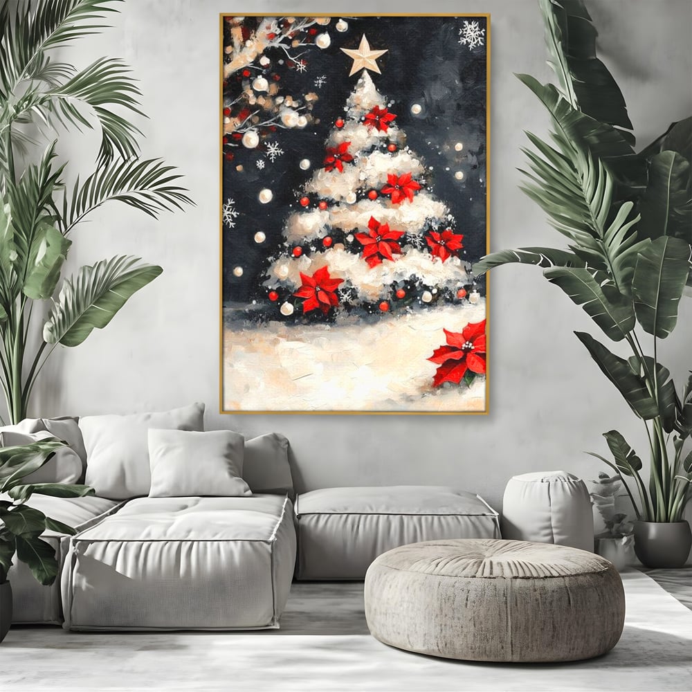 Tablou Canvas Premium LuxCanva® D1056, Bradul din Noaptea Magica , Craciun, Luminite, Brad, Instalatie, Alb, Poinsettia, Living, Culori vibrante