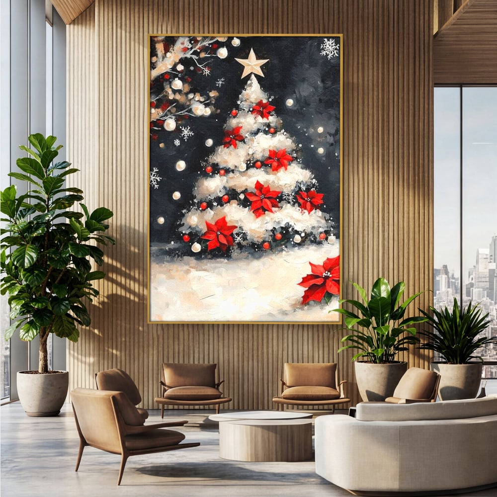 Tablou Canvas Premium LuxCanva® D1056, Bradul din Noaptea Magica , Craciun, Luminite, Brad, Instalatie, Alb, Poinsettia, Living, Culori vibrante