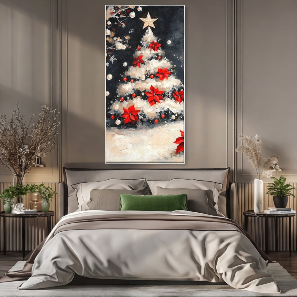 Tablou Canvas Premium LuxCanva® D1056, Bradul din Noaptea Magica , Craciun, Luminite, Brad, Instalatie, Alb, Poinsettia, Living, Culori vibrante