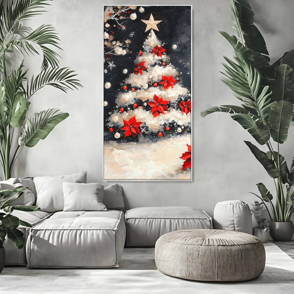 Tablou Canvas Premium LuxCanva® D1056, Bradul din Noaptea Magica , Craciun, Luminite, Brad, Instalatie, Alb, Poinsettia, Living, Culori vibrante