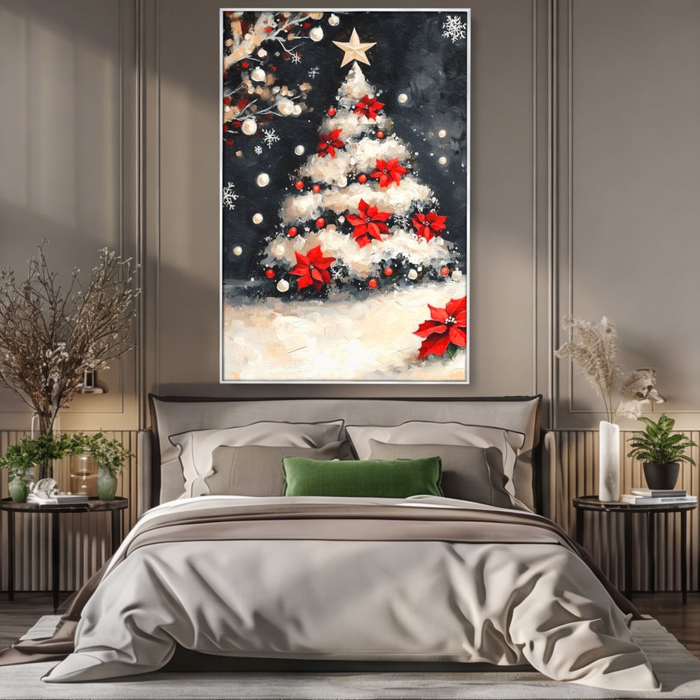 Tablou Canvas Premium LuxCanva® D1056, Bradul din Noaptea Magica , Craciun, Luminite, Brad, Instalatie, Alb, Poinsettia, Living, Culori vibrante