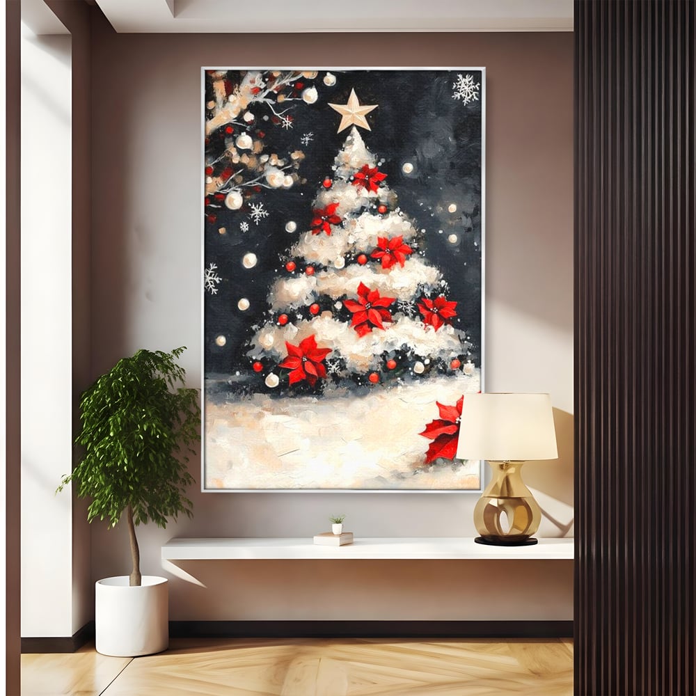 Tablou Canvas Premium LuxCanva® D1056, Bradul din Noaptea Magica , Craciun, Luminite, Brad, Instalatie, Alb, Poinsettia, Living, Culori vibrante