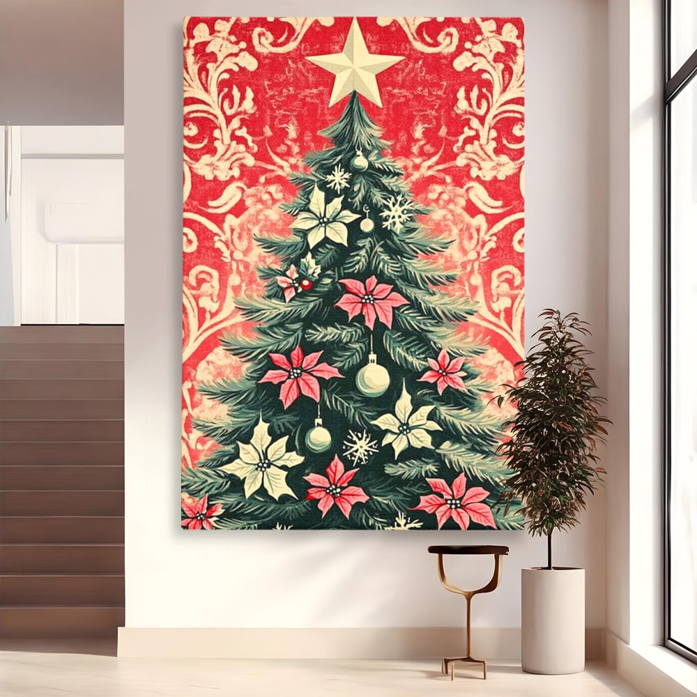 Tablou Canvas Premium LuxCanva® D1058, Craciunul Vintage, Craciun, Brad, Magie, Verde, Impodobit, Stea, Living Room, Culori vibrante