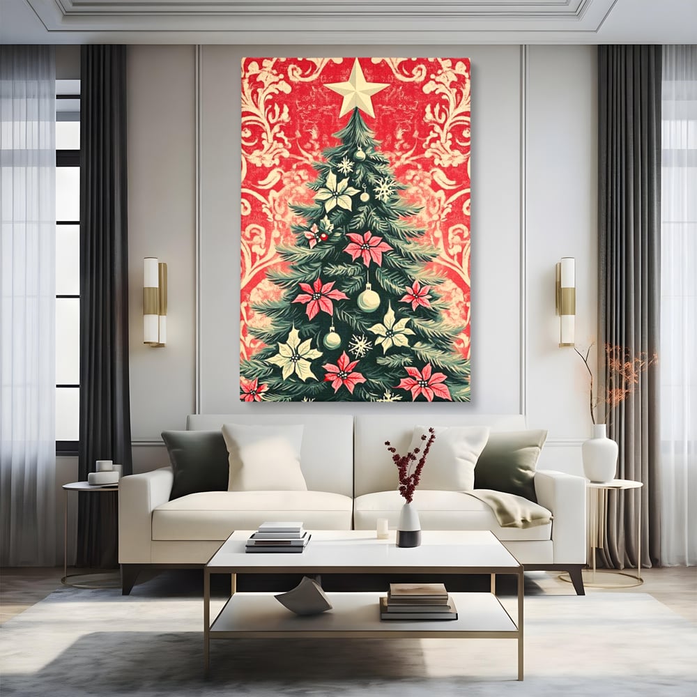 Tablou Canvas Premium LuxCanva® D1058, Craciunul Vintage, Craciun, Brad, Magie, Verde, Impodobit, Stea, Living Room, Culori vibrante