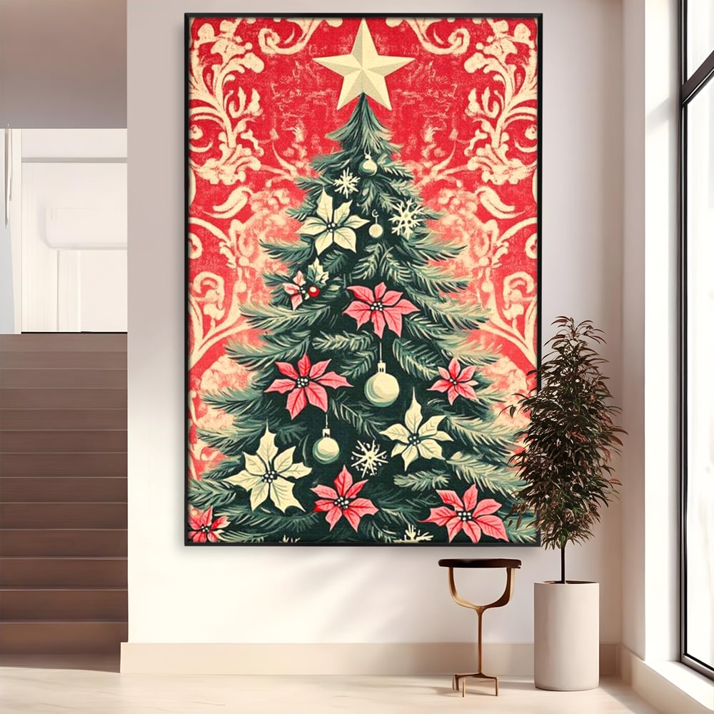 Tablou Canvas Premium LuxCanva® D1058, Craciunul Vintage, Craciun, Brad, Magie, Verde, Impodobit, Stea, Living Room, Culori vibrante