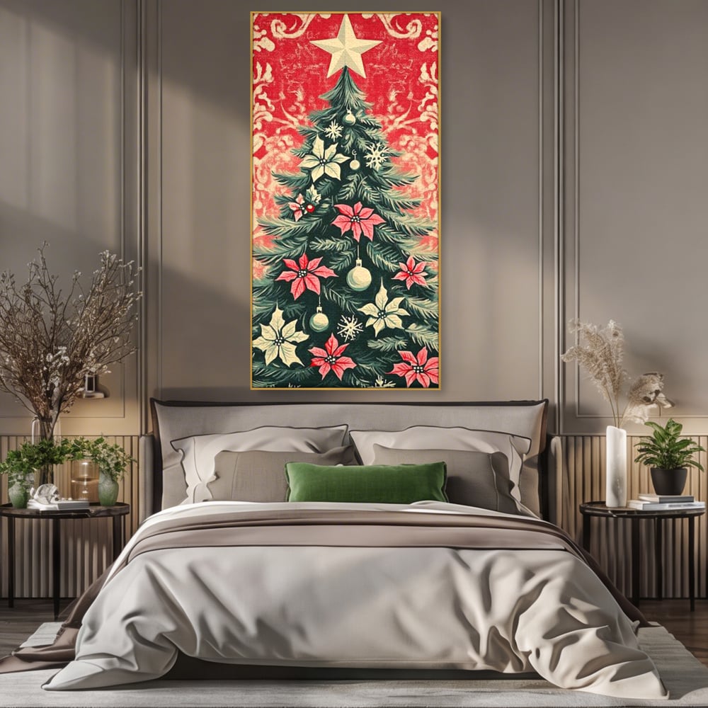 Tablou Canvas Premium LuxCanva® D1058, Craciunul Vintage, Craciun, Brad, Magie, Verde, Impodobit, Stea, Living Room, Culori vibrante