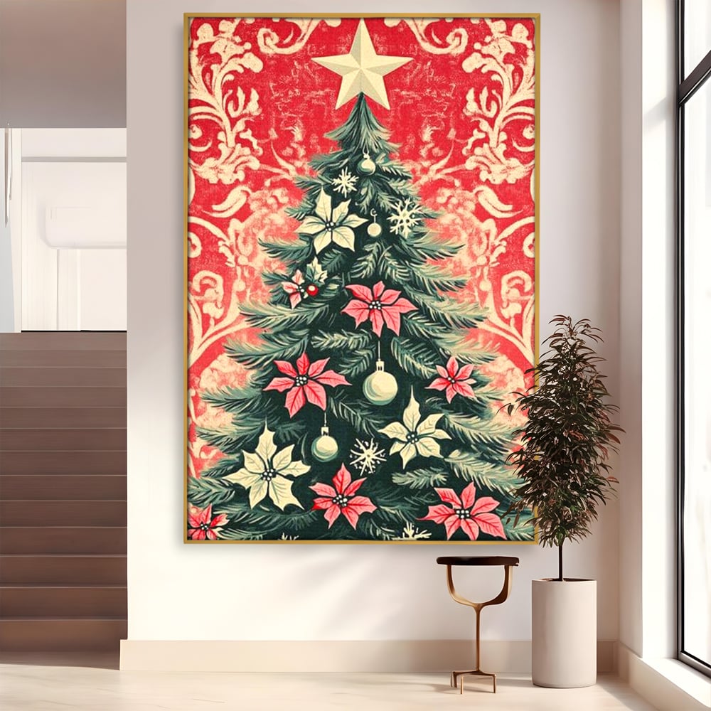 Tablou Canvas Premium LuxCanva® D1058, Craciunul Vintage, Craciun, Brad, Magie, Verde, Impodobit, Stea, Living Room, Culori vibrante