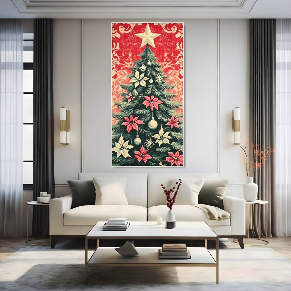 Tablou Canvas Premium LuxCanva® D1058, Craciunul Vintage, Craciun, Brad, Magie, Verde, Impodobit, Stea, Living Room, Culori vibrante