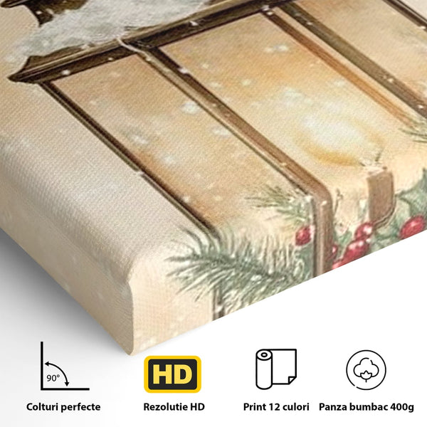 Tablou Canvas Premium LuxCanva® D1059, Felinarul Impodobit , Felinar, Brad, Lumina, Auriu, Casa, Zapada, Living Room, Culori vibrante