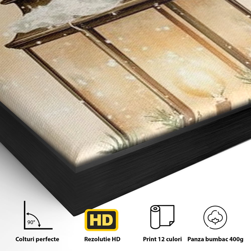Tablou Canvas Premium LuxCanva® D1059, Felinarul Impodobit , Felinar, Brad, Lumina, Auriu, Casa, Zapada, Living Room, Culori vibrante