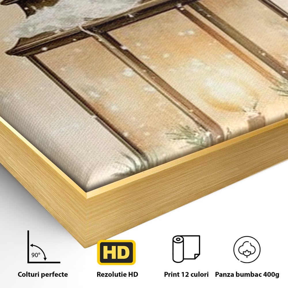 Tablou Canvas Premium LuxCanva® D1059, Felinarul Impodobit , Felinar, Brad, Lumina, Auriu, Casa, Zapada, Living Room, Culori vibrante