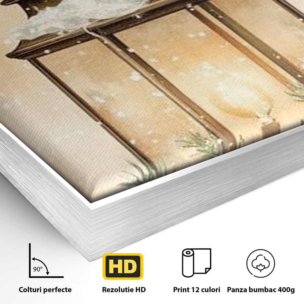 Tablou Canvas Premium LuxCanva® D1059, Felinarul Impodobit , Felinar, Brad, Lumina, Auriu, Casa, Zapada, Living Room, Culori vibrante