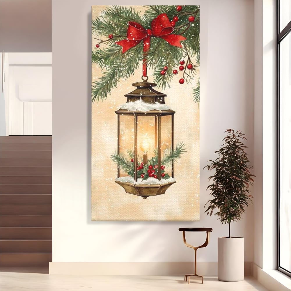Tablou Canvas Premium LuxCanva® D1059, Felinarul Impodobit , Felinar, Brad, Lumina, Auriu, Casa, Zapada, Living Room, Culori vibrante