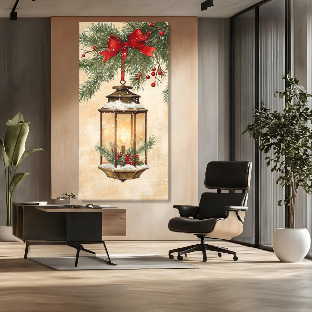 Tablou Canvas Premium LuxCanva® D1059, Felinarul Impodobit , Felinar, Brad, Lumina, Auriu, Casa, Zapada, Living Room, Culori vibrante