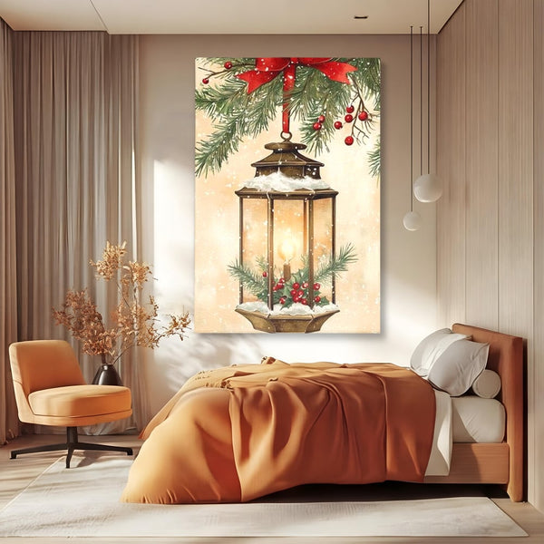 Tablou Canvas Premium LuxCanva® D1059, Felinarul Impodobit , Felinar, Brad, Lumina, Auriu, Casa, Zapada, Living Room, Culori vibrante
