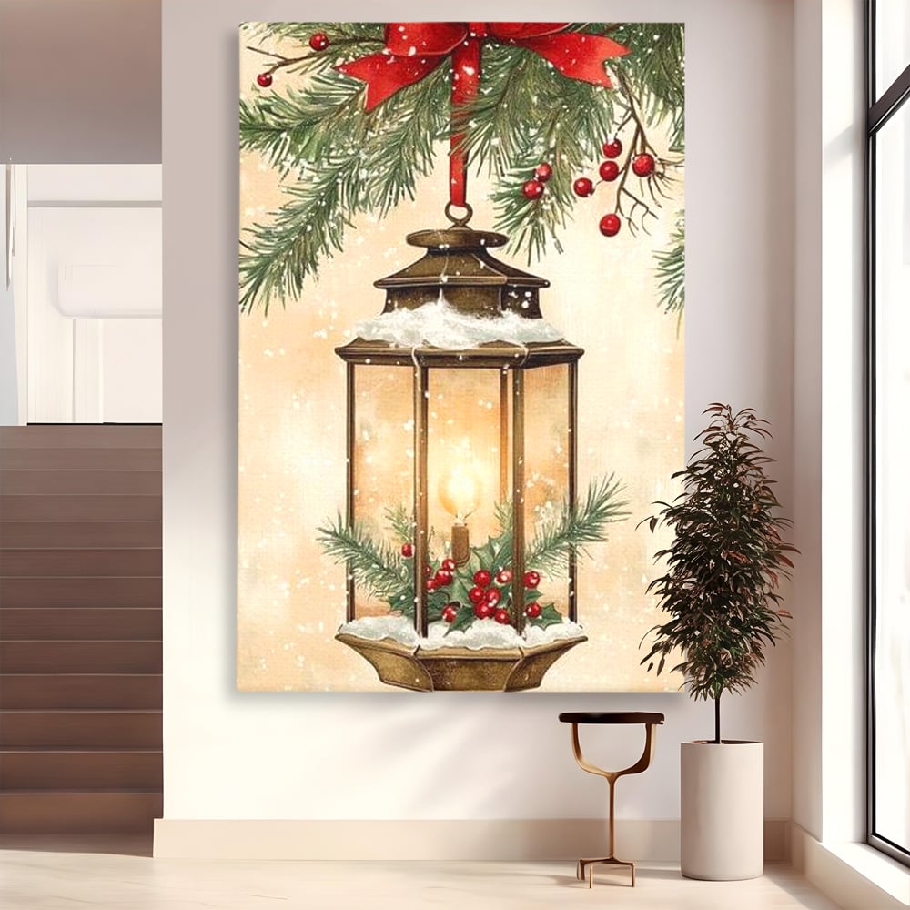 Tablou Canvas Premium LuxCanva® D1059, Felinarul Impodobit , Felinar, Brad, Lumina, Auriu, Casa, Zapada, Living Room, Culori vibrante